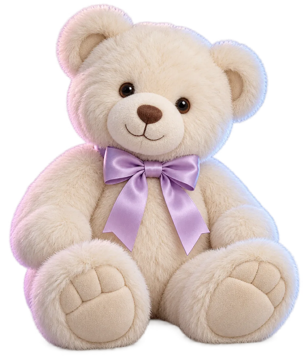 Cream teddy bear with a lavender bow, seated among pastel clouds