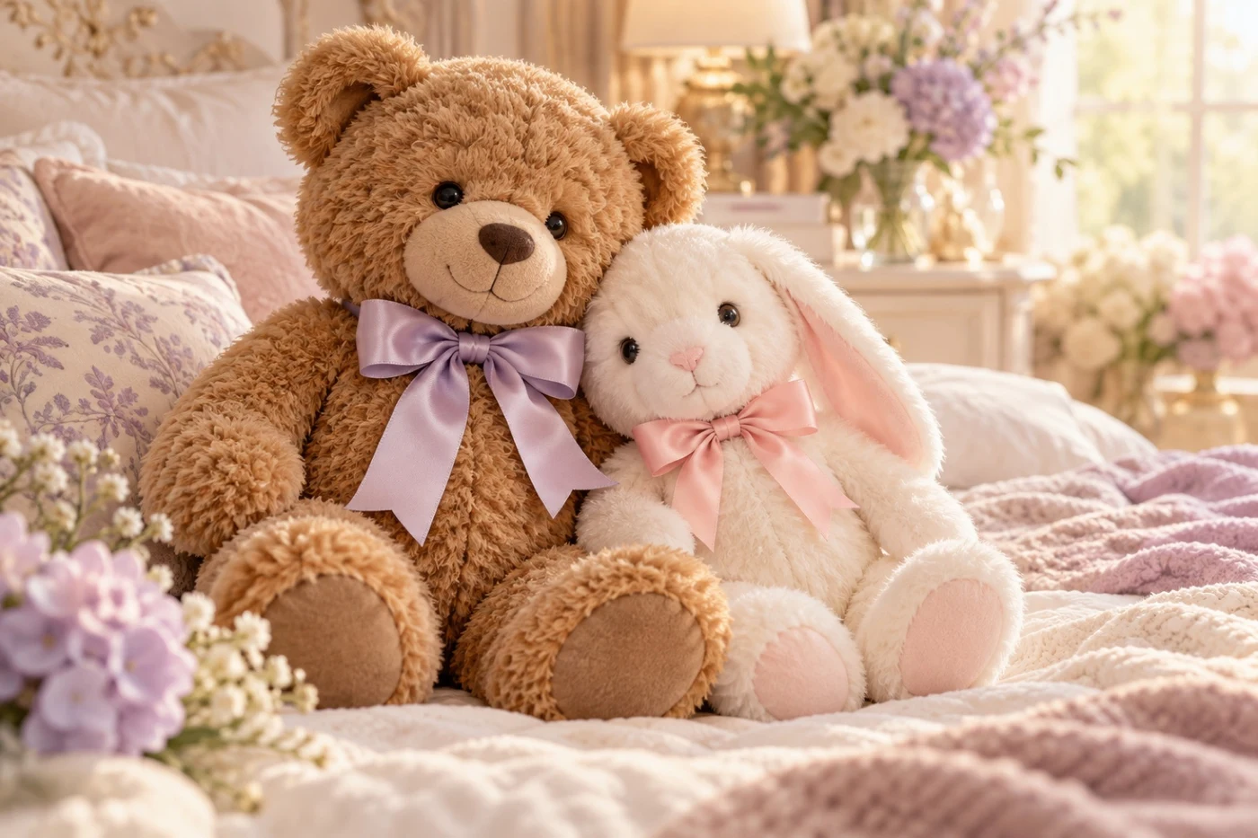 A caramel teddy with a lavender bow and a cream bunny with a pink bow together on luxurious bedding among flowers