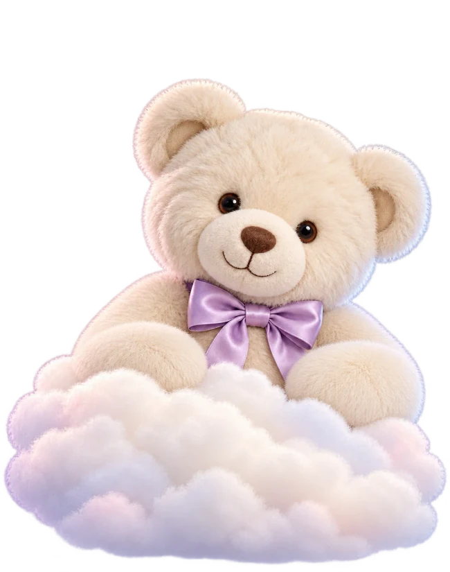A teddy peeking out from soft pastel clouds