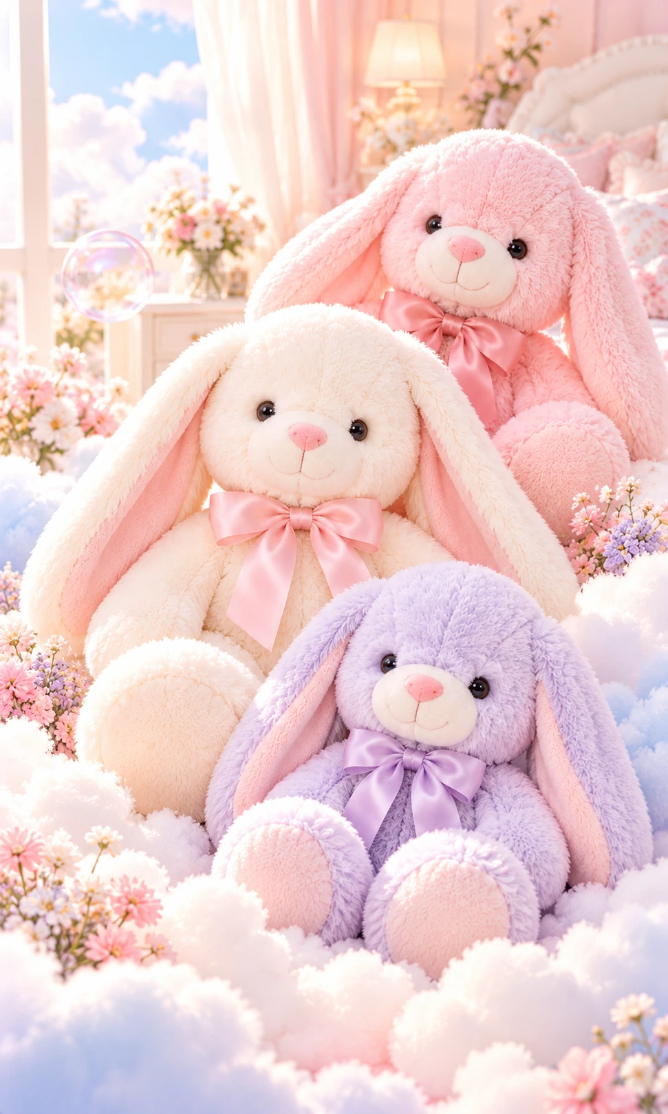 Creamy-white, blush-pink and pale lavender plush bunnies together