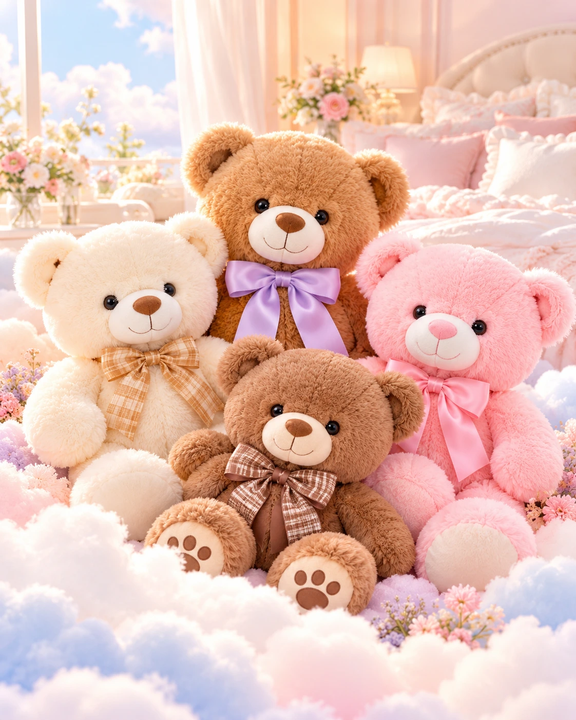 Four teddy bears in caramel, cream, pink and mocha gathered together