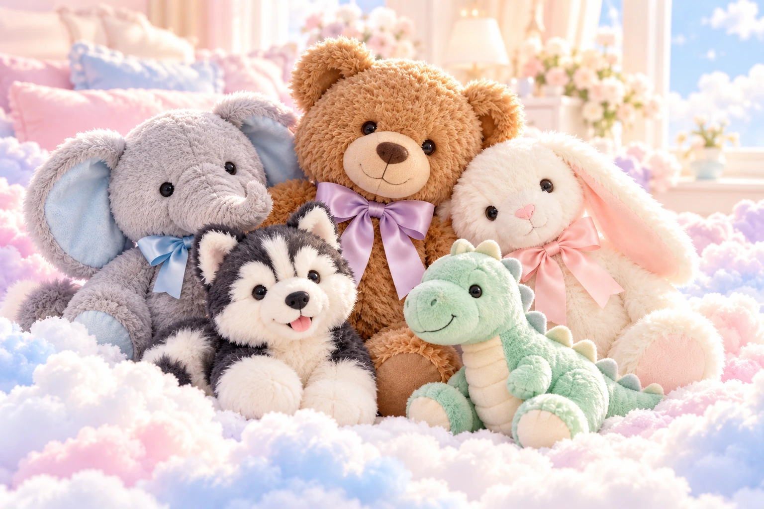 Five SoftHaven plush companions including a teddy bear, bunny, elephant, husky and mint dinosaur together in a pastel cloud setting