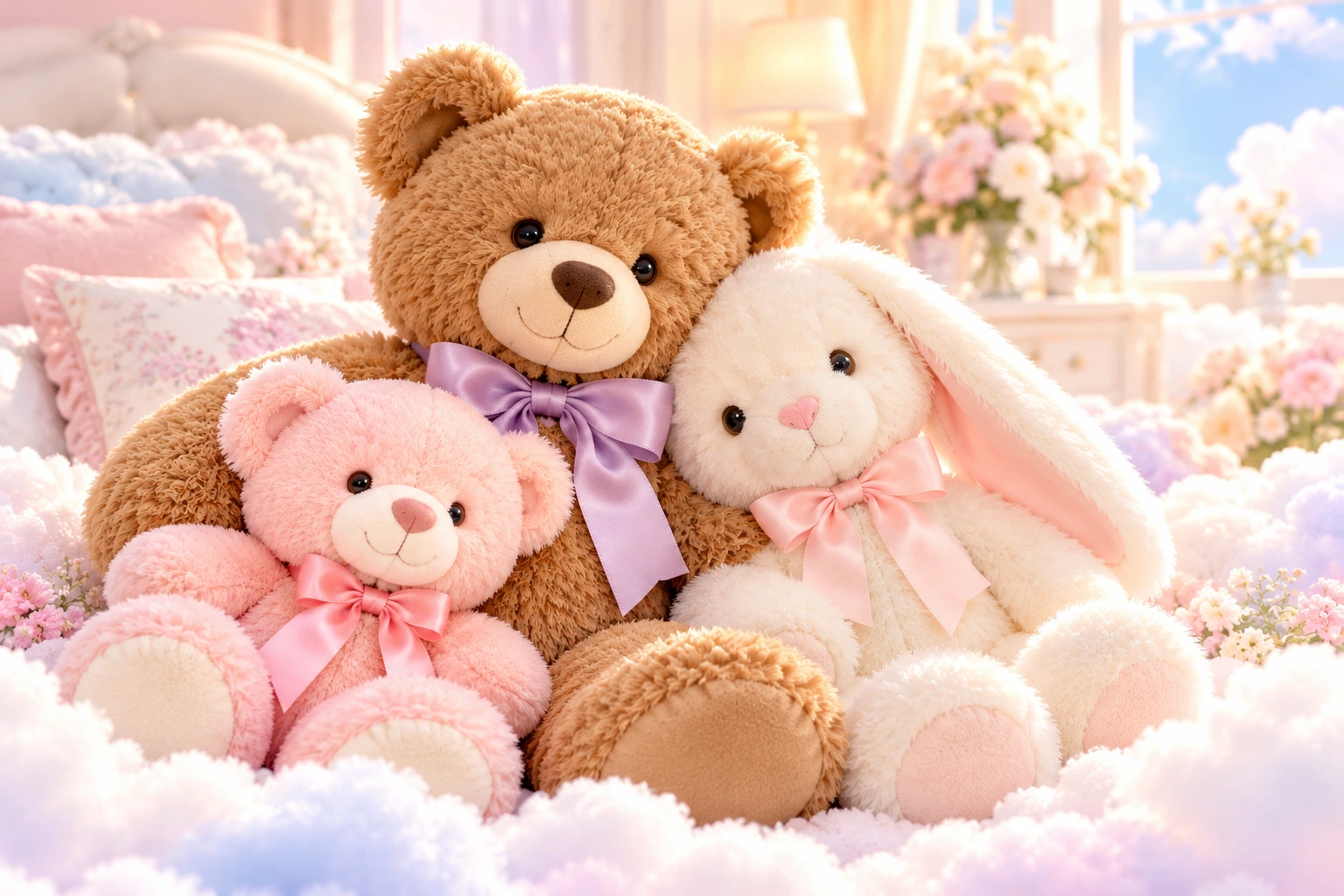 SoftHaven caramel teddy, cream bunny and pink teddy nestled together in a soft pastel setting
